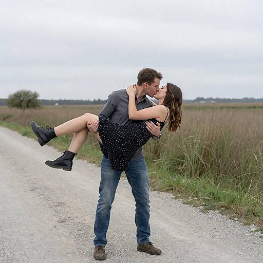 Lifted Kiss on Overcast Gravel Path