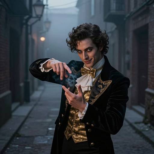 Photograph of a curly-haired man in a black, gold-trimmed 18th-century suit, smoking a pipe in a foggy, narrow
