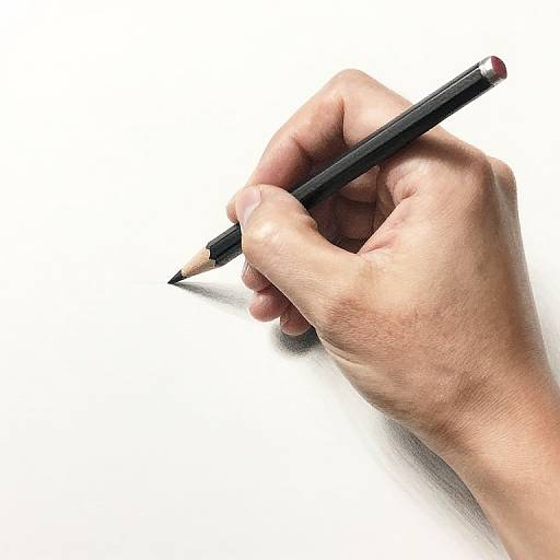 Photograph of a light-skinned hand holding a black pencil with a white eraser tip, poised to write on a white background.