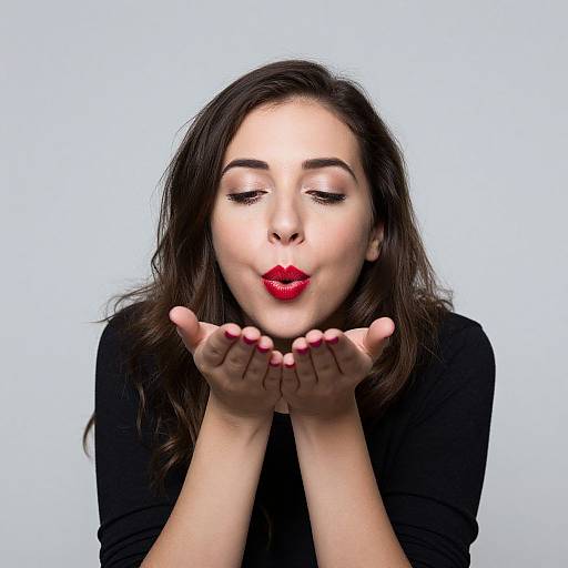 Photograph of a fair-skinned woman with dark brown hair, red lipstick, and black top, kissing her cupped hands against a white background.