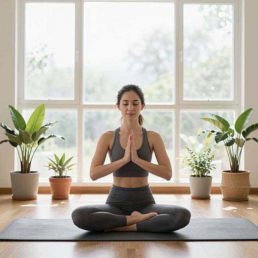 Photograph of a fit woman with dark hair in a bun, wearing gray sports bra and leggings, sitting cross-legged in meditation pose with hands in prayer