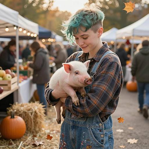 Person Holding Piglet at Autumn Farmers Market