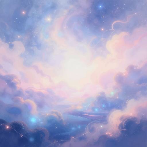 Photograph of a bright, luminous white sun surrounded by swirling blue and pink clouds with sparkling stars in a cosmic sky.