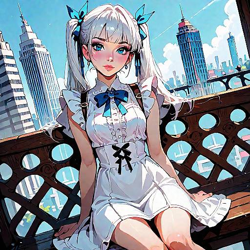 White Twintails Sitting on City Bench