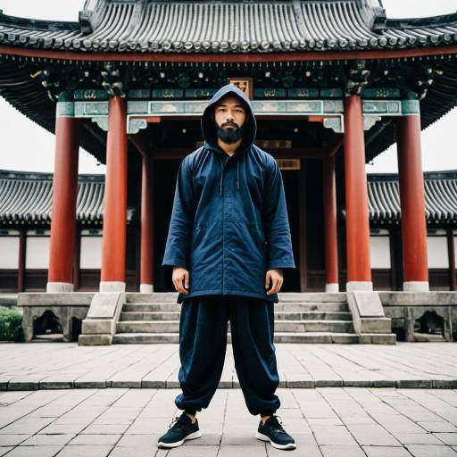 Man in Hooded Jacket at Traditional East Asian Temple