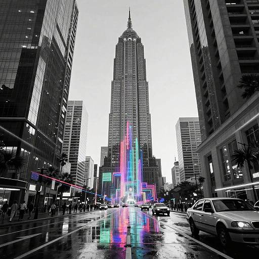 Photograph of a rainy city street with reflective wet pavement, tall skyscrapers, and a brightly lit, colorful water fountain in the center, surrounded