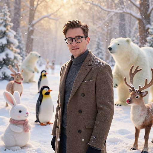 Photograph of a bespectacled man in a brown tweed coat and gray sweater, standing in a snowy forest with polar bears, penguins