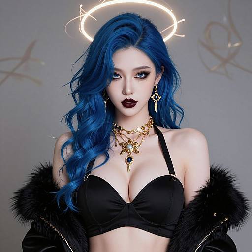 Digital artwork of a pale-skinned, blue-haired woman with dark lipstick, wearing a black bra, gold jewelry, and a black fur jacket, with