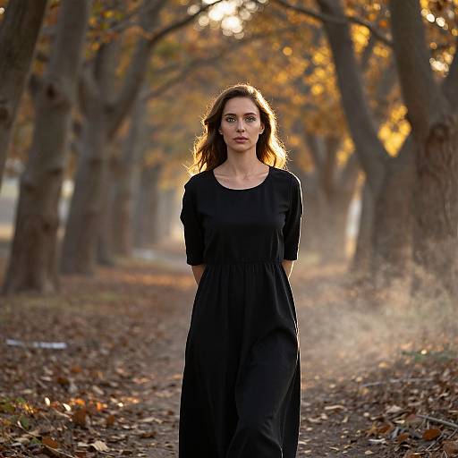 Photograph of a young woman with wavy brown hair, wearing a black dress, standing in an autumn forest with fallen leaves and sunlight filtering through trees