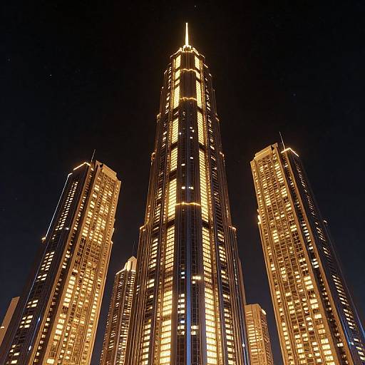 Photograph of illuminated skyscrapers at night, with a central tower brightly glowing and flanked by two taller, similarly lit buildings.
