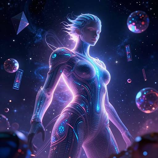 Digital artwork of a glowing, futuristic, cybernetic woman with neon blue and purple lighting, standing in a starry space with floating bubbles and geometric