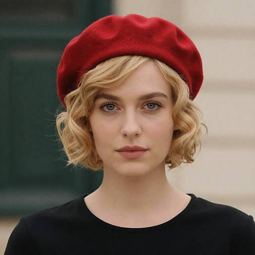 Woman in Red Beret with Curly Hair