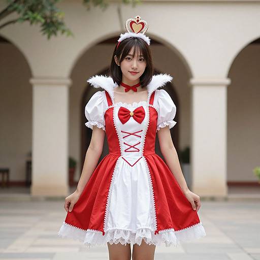 Asian woman in red and white maid outfit with heart crown, red bow, and lace trim, stands in courtyard with arches. Photorealistic CGI
