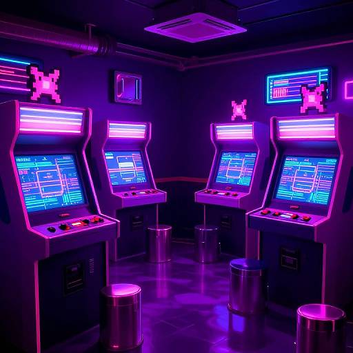 Neon-lit arcade room with four vibrant, pixelated arcade machines glowing in pink and blue, set against dark walls and metal stools.