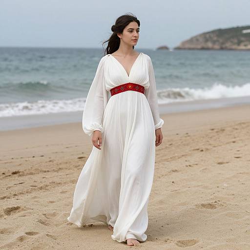 Photograph of a brunette woman with fair skin, wearing a long white dress with red belt, walking on a sandy beach with gentle waves and a distant