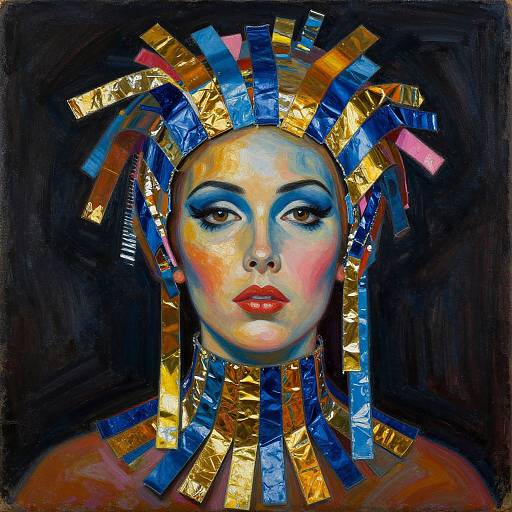 Vibrant digital painting of a woman with blue and gold metallic headdress, bold red lips, and striking blue eyeshadow, against a dark