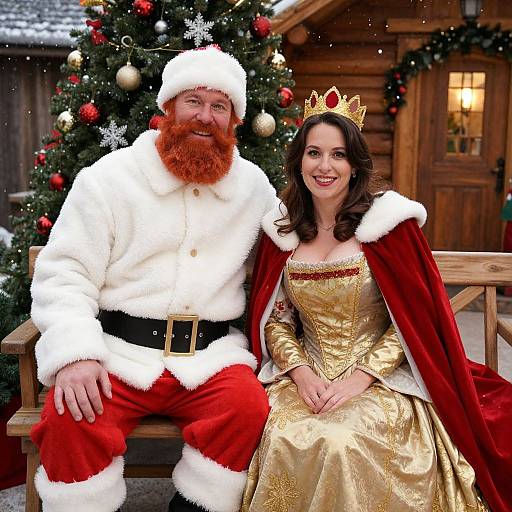 Photograph of a bearded Santa Claus in a white fur coat and red pants, sitting beside a smiling woman in a gold gown and red velvet cape