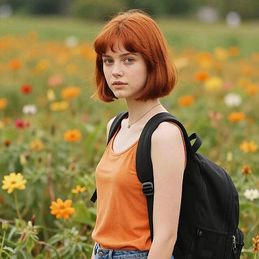Redhead with Bob in Flower Field