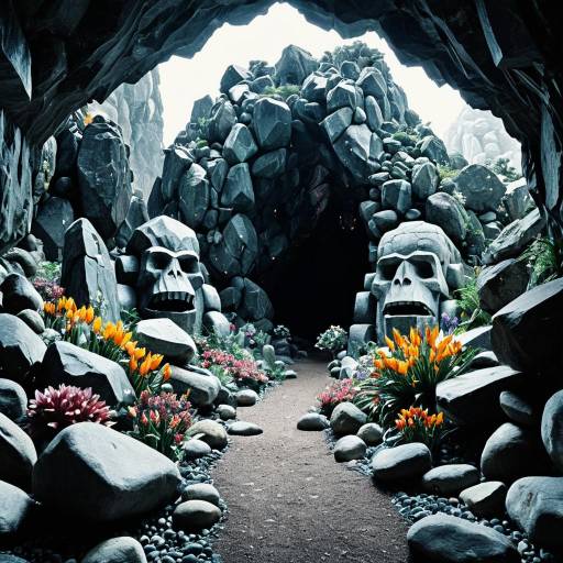 Rock Golem Cave Entrance with Floral Border