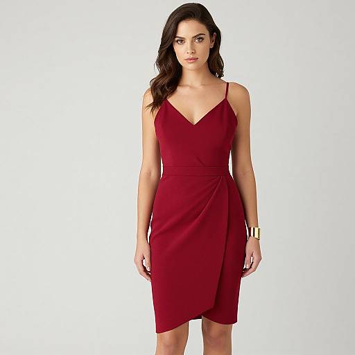Photograph of a woman with long dark hair in a red V-neck sleeveless dress, standing against a plain white background.