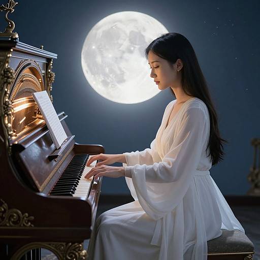 Photograph of an East Asian woman with long black hair, wearing a white, flowing dress, playing an ornate piano under a bright full moon.