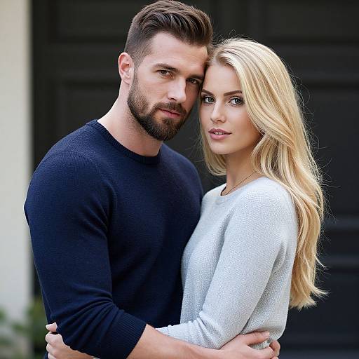 Photograph of a bearded, brown-haired man in a black sweater embracing a blonde woman with long hair in a white sweater, both looking at the