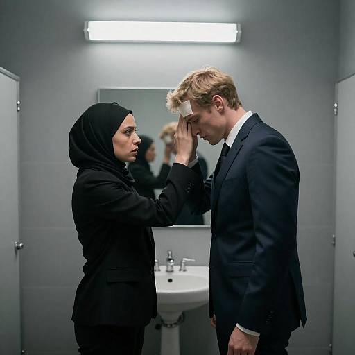 Woman in Hijab Comforts Injured Man