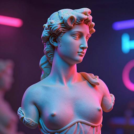 Photograph of a classical nude statue with blue and pink neon lighting, featuring detailed curly hair and draped cloth over exposed breasts. Blurred background with neon