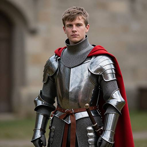 Photograph of a young Caucasian man in medieval silver armor with a red cape, standing in front of a stone castle wall. Serious expression, short brown