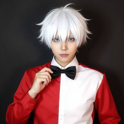 Photograph of a young person with white, spiky hair, blue eyes, wearing a red and white jacket with a black bow tie, against a