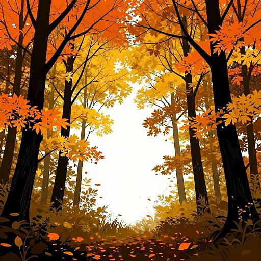 Digital illustration of a vibrant autumn forest with tall black trees, bright orange and yellow leaves, and a bright white sky in the background.