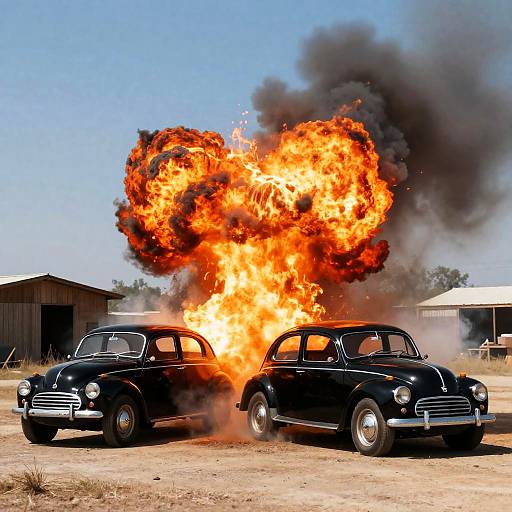 Vintage Cars Amidst Dramatic Explosion