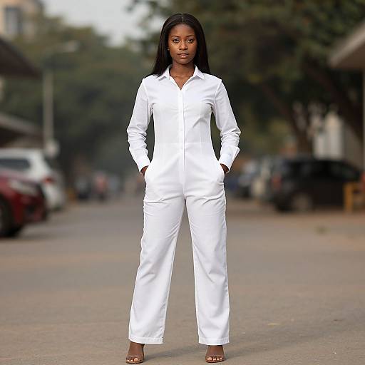 Photograph of a confident Black woman in a white, long-sleeve, button-up jumpsuit, standing on a suburban street, hands in pockets