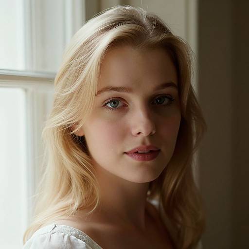 Photograph of a young blonde woman with blue eyes, fair skin, and wavy hair, standing in front of a sunlit window.