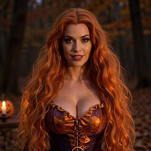 Photorealistic digital artwork of a beautiful woman with long, wavy red hair, wearing an ornate, orange and black corset, standing in