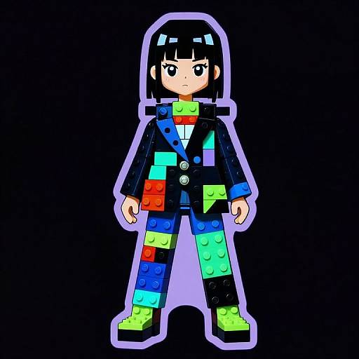 Digital drawing of a blocky, anime-style character with black hair, wearing a colorful, patchwork outfit with bright green, blue, red, and