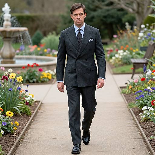 Photograph of a serious, dark-haired man in a black pinstripe suit walking down a vibrant garden path with colorful flowers and a fountain in the