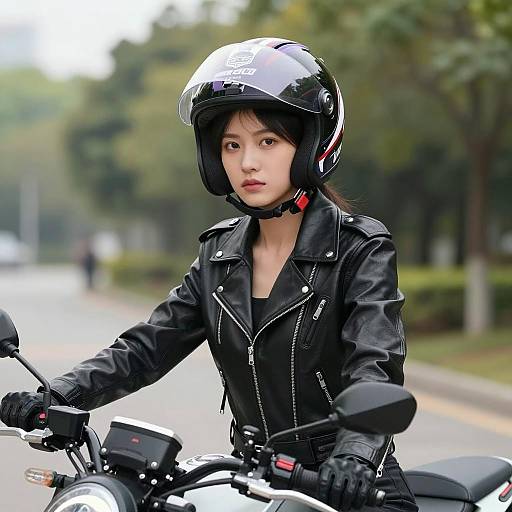 Young Asian Female Biker in Leather Jacket