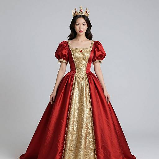 Photograph of an Asian woman with fair skin, wearing a gold and red regal gown with puffed sleeves and gold embroidery, topped with a gold