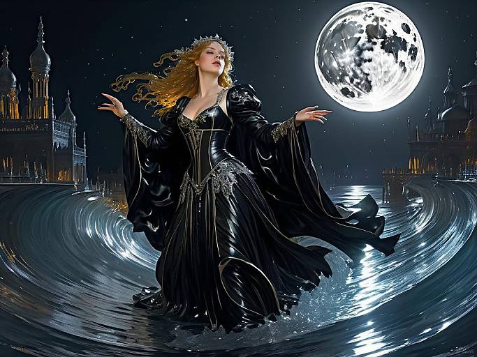 Moonlit Scene of Dark Elegance and Chaos