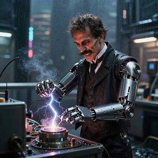 Photograph of a middle-aged man with a mustache, wearing a black suit and metallic robotic arms, sparking a welding device in a rainy, futuristic