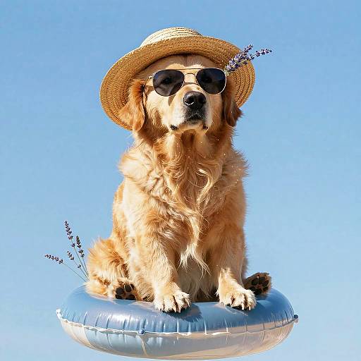 Golden Retriever Wearing Straw Hat and Sunglasses on Swim Ring