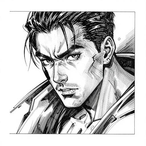 Black and white manga-style illustration of a stern, handsome man with dark, slicked-back hair, intense eyes, and strong jawline, wearing a