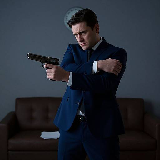 Photograph of a serious-looking, fair-skinned man in a dark blue suit, holding a black gun, standing with crossed arms in a dimly