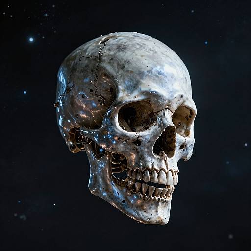 Photorealistic Steam-Driven Iron Skull in Space