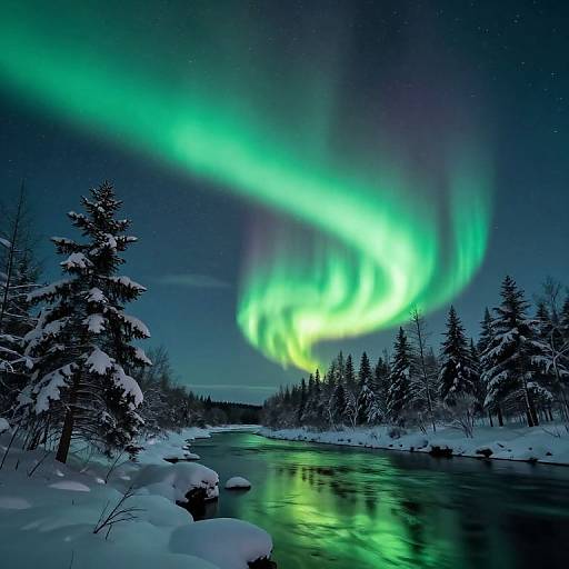 Photograph of vibrant green Northern Lights dancing above a snow-covered forest and calm river, reflecting the aurora's colors in the water.