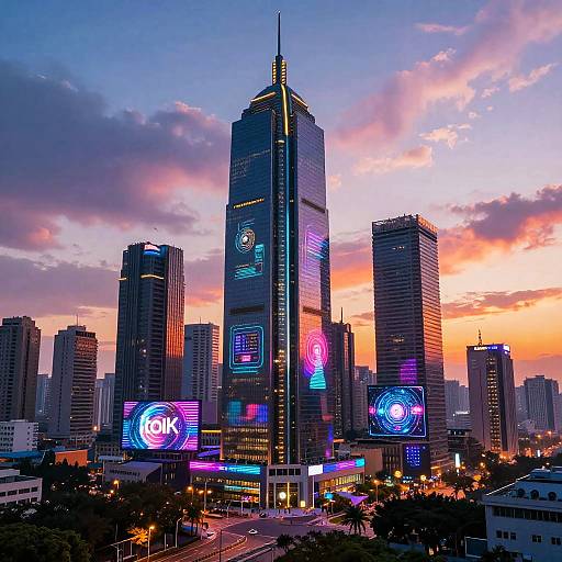 Futuristic Cyberpunk Cityscape at Sunset