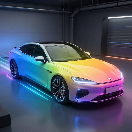 Photograph of a neon-lit, white Tesla sedan with rainbow LED lights highlighting its sleek body and black-tinted windows in a modern, dim