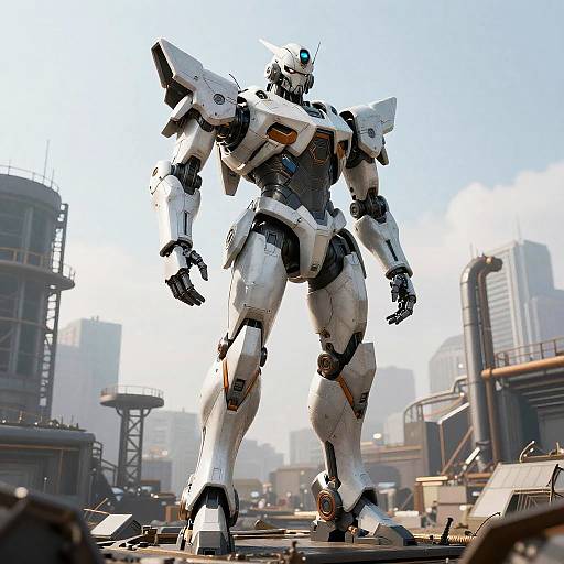 CGI image of a towering white and black mecha robot with glowing blue eyes standing in a futuristic industrial cityscape.