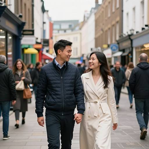 Photograph of an Asian couple, man in navy puffer jacket, woman in white trench coat, walking hand-in-hand down a busy urban street with